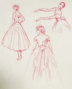 three sketches of women in dresses from the early 1900's and 1950's