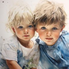 two young boys sitting next to each other on a white surface, one with blue eyes and the other with blonde hair