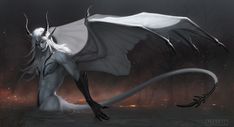 a white dragon with horns and wings in the dark