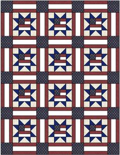 an american flag quilt is shown in red, white and blue