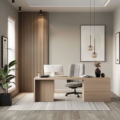 an office with wood paneling and white furniture in the corner, along with a large potted plant