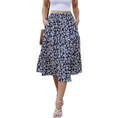 Feature: High Elastic Waist Skirts, 3-Layers Of Tiers Instructions, Ruffle Hemline, Mid-Calf Length Midi Skirts,Aline Style, Two Side-Seam Pockets. Fabric Has No Stretch Occasion: This Midi Tiered Skirt With Pockets Is Suitable For Summer Beach, Casual Wear, Wedding Party, Dating, Chruch, Etc, Perfect Midi Skirts For Summer, Autumn Or Spring Style: Summer Needs A Cute Casual Midi Skirts! This Floral Midi Skirt Is A Must Have Skirts In Your Wardrobe. The Women's Skirt Flows Naturally When You Wal Summer Tiered Maxi Skirt With Pockets, Tiered Maxi Skirt With Pockets For Day Out, Spring Knee-length Ruffled Skirt, Tiered Skirt With Pockets For Day Out, Knee-length Ruffled Skirt For Summer, Non-stretch Vacation Skirt With Pockets, Tiered Skirt With Pockets For Spring, Knee-length Cotton Skirt For Vacation, Spring Vacation Skirt With Pockets