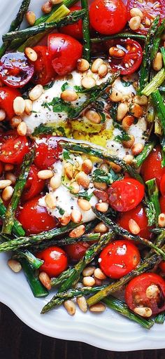 Asparagus Tomato Salad with Burrata Cheese and Pine Nuts Asparagus Tomato Salad With Burrata Cheese, Asparagus Tomato Salad With Burrata, Tomato And Balsamic Salad, Tomato With Burrata, Summer Asparagus Recipes, Asparagus Burrata Pasta, Burrata Side Dish, Italian Summer Salad, Burrata Dinner Recipes