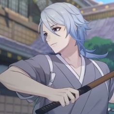 an anime character with blue hair holding a baseball bat