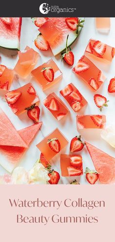 watermelon collagen beauty gummies on a white surface with strawberries