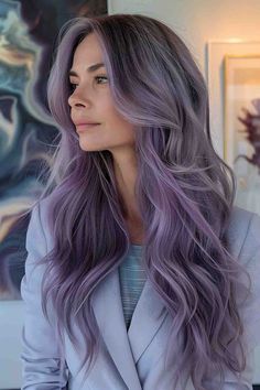 The Best Long Haircuts of 2024 Dark Roots With Purple Hair, Dusty Lilac Hair, Dimensional Purple Hair, Ashy Lavender Hair, Gray Hair With Color, Smokey Amethyst Hair Color, Gray Lavender Hair, Brown Hair With Lavender Highlights, Lavender And Black Hair