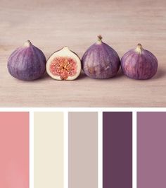 an assortment of fruits and vegetables on a table with color swatches in the background