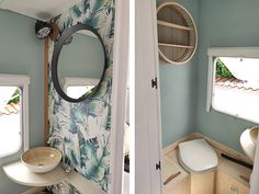 two pictures of the inside of a bathroom with toilet, sink and window in it