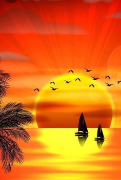 a sunset with sailboats and birds flying over the water