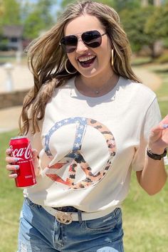 Spread love and peace this summer with this Patriotic Leopard Peace Sign Bella Canvas Tee! It is so cute with our denim shorts! Soft-washed Tops For Spring And Summer, Spring Vacation Soft-washed Tops, Summer Crew Neck Top With Peace Sign, Casual Peace Sign Summer Top, Casual Cotton T-shirt With Peace Sign, Casual Short Sleeve Tops With Peace Sign, Peace Sign Shirts, Patriotic Tees, Love And Peace