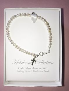 Freshwater Pearl Bracelet w/ Cross Strasburg Children Pearl Cross Necklace, Necklaces And Bracelets, Freshwater Pearl Bracelet, Pearl Collection, Seed Pearl, White Gift Boxes, Silver Filigree, Matching Necklaces, Pearl Bracelet