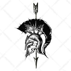 a drawing of a spartan helmet with an arrow