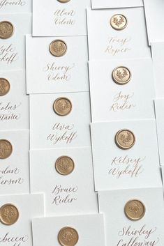 many different types of gold coins on white cards with the names of each one in them