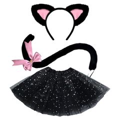 a black skirt and cat ears with a pink bow