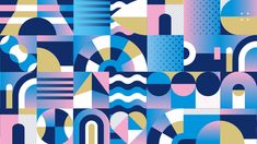 an abstract pattern with blue, pink and yellow shapes on it's surface is featured in this image