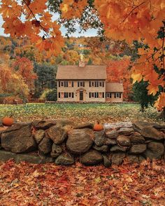 a stone wall in front of a house surrounded by fall leaves