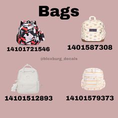 four different types of backpacks are shown in the same font and numbers, each with an individual's name