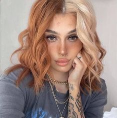 Two Color Hair, Red Blonde, Split Dyed Hair, Strawberry Blonde Hair Color, Ginger Hair Color, Split Hair, Strawberry Blonde Hair, Fun Hair, Hair Color And Cut