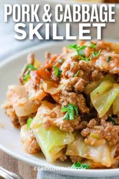 pork and cabbage skillet on a white plate