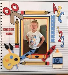 a child's scrapbook page with school supplies