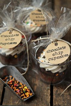 chocolate chip cupcakes wrapped in clear cellophane and tied with twine