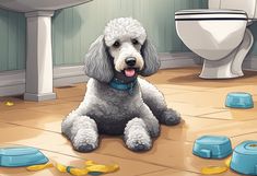 a white poodle sitting on the floor next to a toilet