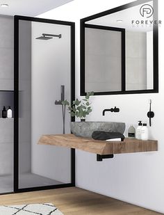 a bathroom with a sink, mirror and shower stall in the middle of the room