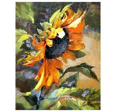 an oil painting of a sunflower with green leaves