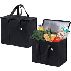 two black cooler bags filled with food and drinks