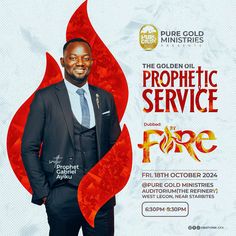 a man in a suit and tie standing next to an advertisement for prophetic service