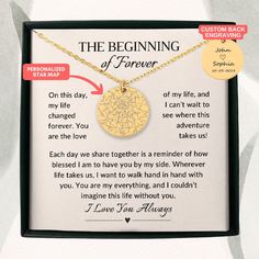 the beginning of forever necklace is displayed in a box with an information card on it