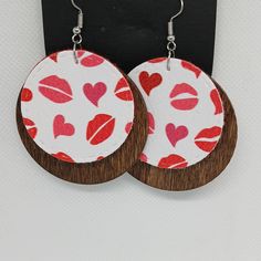 Handmade Stained Wooden Circle And Faux Leather Earrings Round Valentine's Day Earrings, Valentine's Day Round Hallmarked Earrings, Classic Round-cut Heart Earrings For Valentine's Day, Pink Faux Leather Earrings, Fun Heart-shaped Earrings For Valentine's Day, Leather Earrings, Handmade Earrings, Pink White, Pink Ladies