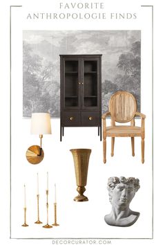 an interior design board with furniture and decor items in gold, black, and white