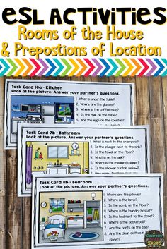 two posters with the words esl activities rooms of the house and prepositions of location