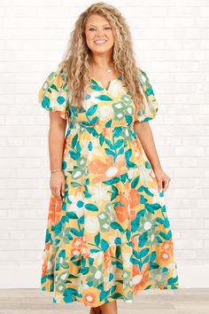 Chic Soul plus size clothing, multicolor floral pattern tiered midi dress with puff sleeves and a cinched waistline Summer Sunrise, Apricot Color, Chic Soul, Flair Dress, The Bubble, Teacher Outfits, Color Mix, Model Fits, I Dress