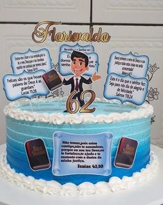 a birthday cake decorated with an image of a man holding a cell phone and two other items