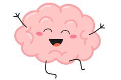 a happy pink brain with arms and legs up in the air, smiling at someone