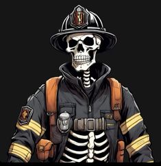 a skeleton wearing a fireman's uniform and hat