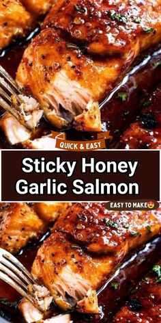 sticky honey garlic salmon in a skillet with a fork