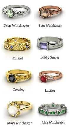 different types of wedding rings with names on the front and side, all in gold or silver