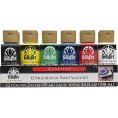 six different colors of acrylic paint in a display box on a white background