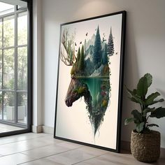 a framed photograph of a horse with trees and mountains on it's head in front of a window