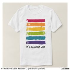 It's All About Love Rainbow T-Shirt Relaxed Fit Crew Neck T-shirt For Pride, White Screen Print T-shirt For Pride, Relaxed Fit T-shirt For Pride Streetwear, White Pre-shrunk T-shirt For Pride, Pre-shrunk Crew Neck T-shirt For Pride, Pride Screen Print Crew Neck T-shirt, Pride Cotton Crew Neck T-shirt, Pride Graphic Print Relaxed Fit T-shirt, Cotton Crew Neck T-shirt For Pride