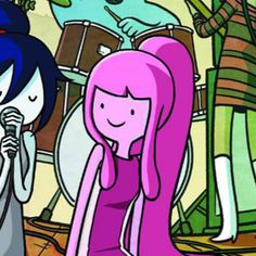 two cartoon characters standing next to each other in front of a drum set and microphone