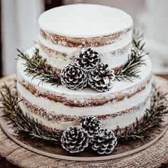 a three tiered cake with pine cones on top