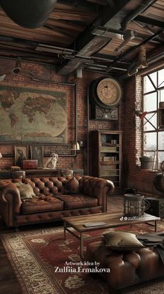 a living room filled with lots of furniture and a large map hanging on the wall