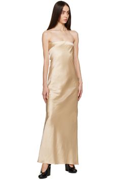 THIRD FORM: Beige Tie Back Maxi Dress | SSENSE Lined Satin Midi Dress Of Maxi Length, Chic Formal Lined Slip Dress, Chic Formal Slip Dress With Lining, Silk Strapless Dress With Straight Neckline For Cocktail, Chic Satin Lined Maxi Dress, Satin Maxi Dress With Bias Cut For Dinner, Lined Satin Maxi Dress, Satin Bias Cut Maxi Dress For Dinner, Elegant Satin Slip Dress With Lining