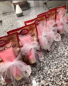 five bags of cake mix sitting on top of a counter