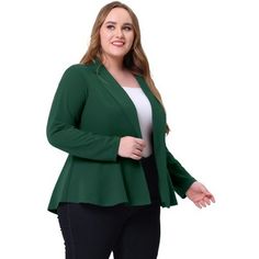 About us: A female plus-size brand inspired by the need of its customers. We hope our clothing can match you into various occasions, by the proper tailoring to show your perfect curve and the comfortable fabrics enables you a pleasant experience. The notch panel detail is yet breathable enough to take to happy hour.  It's constructed from a notch panel, a ruffle hem that defines your outfit without being plain. Plus Size Workwear, Plus Size Peplum, Elegant Blazers, Peplum Blazer, Plus Size Blazer, Chic Blazer, Plus Size Brands, Casual Work Outfit, Blazer Designs