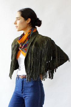 Suede Tassel Jacket, Leather Fringe Jacket Outfits, Green Fringe Jacket, Cropped Fringe Jacket, Fringe Coat Outfits, Jean Jacket Western Outfits, Tassel Jacket Outfit, Fringe Denim Jacket Outfit, Cowboy Jacket Outfit